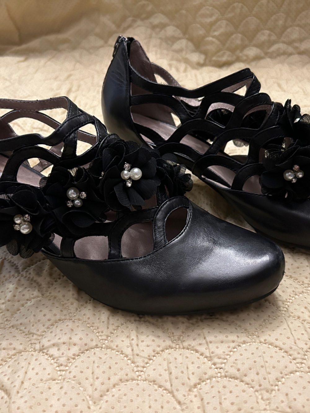 Spring Step Black Floral Cutout Heels with Pearl Centers Hand Embellished.